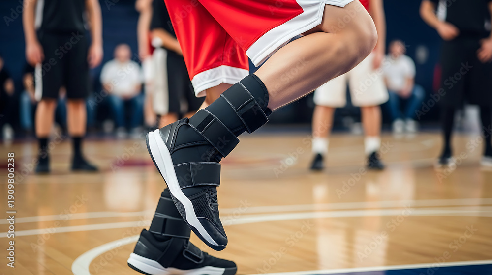 Fototapeta premium Basketball player's legs wearing weighted ankle cuffs during a drill on a wooden court.