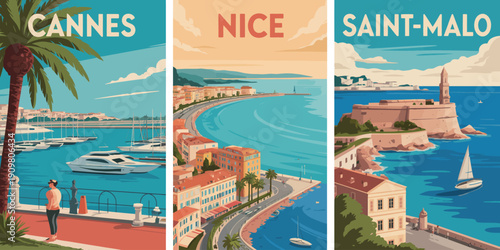 France travel poster, Cannes Nice and Saint-Malo city panels with white capital text vintage style