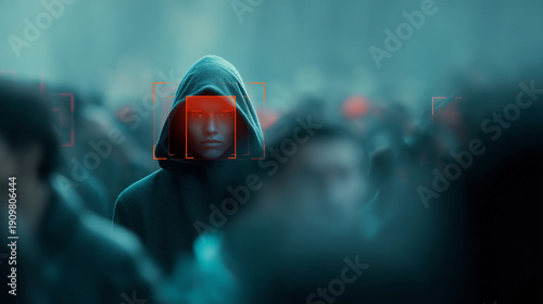 AI face detection interface overlay, shallow depth of field and strong bokeh, central subject in a dark hooded coat sharply separated from the crowd, face area replaced by an inten