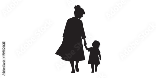 Mother and young child walking hand in hand silhouette, simple flat vector, emotional family moment, black and white, no background, isolated, stock-ready silhouette ,happy mothers day,parents holding