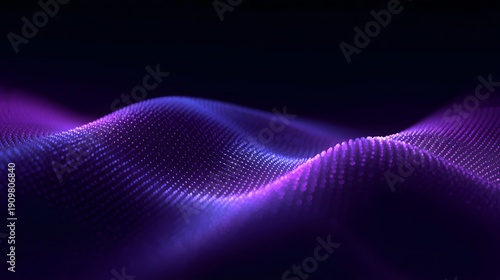 Abstract purple wave background with glowing particles and depth of field. Digital data flow technology concept.
