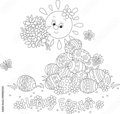 Greeting card with a happy little Sun holding a bouquet of spring flowers and decorated gift eggs with merry butterflies flying around, black and white vector cartoon illustration for a coloring book