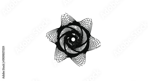 Black and white spiral flower illustration, abstract geometric shape, modern minimalist design element, decorative symbol, artistic motif, creative icon