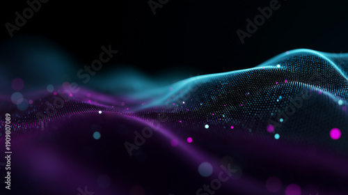 3D render of an abstract big data / DNA network / music soundwave background, wide 16:9 composition, dark deep purple/indigo base with subtle gradient, flowing wave-like ridges mad