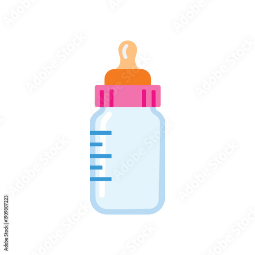 Baby feeding bottle with pink cap and orange nipple vector illustration isolated on white background