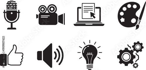 Set of vector silhouette design icons for media and technology bundle of 8 symbols