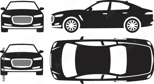 Black silhouette illustration of car showing multiple perspectives including front, side, and top views with grille, headlights, wheels, windows, and automotive exterior design reference