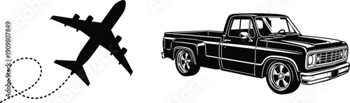 Airplane and pickup truck silhouettes, transportation icons set, travel and automotive illustration, isolated on white background, vector design, journey, vehicle concept