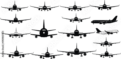 Airplane silhouette collection vector illustration, commercial passenger aircraft multiple front views isolated on white background aviation design