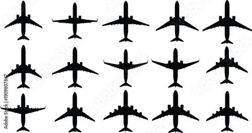Airplane top view silhouette set vector illustration, commercial passenger aircraft isolated on white background aviation collection