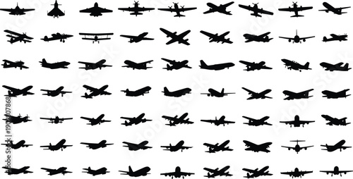 Airplane silhouette mega collection vector illustration, military and commercial aircraft side views isolated on white background aviation