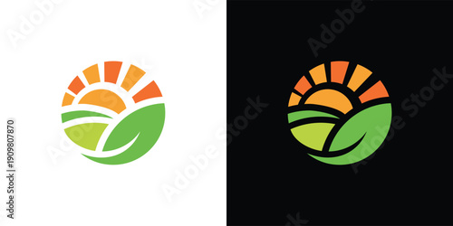 Logo of a farm with a sun fields and a leaf nature concept.