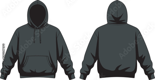 Black silhouette illustration of hooded sweatshirt showing front and back views with drawstring hood, kangaroo pocket, ribbed cuffs, waistband, and plain back garment fashion design reference
