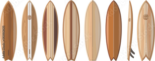 Collection of eight wooden surfboards displayed side by side with unique designs, wood grain finishes, decorative patterns, fins, and classic surfboard craftsmanship reference illustration