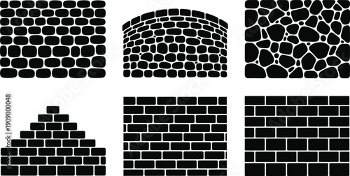 Brick and stone wall texture collection set, masonry patterns including cobblestone arch brickwork pyramid and seamless black vector illustration