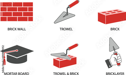 Bricklaying tools and materials icons, brick wall trowel mortar board bricklayer, construction industry vector illustration set isolated design