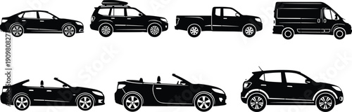 Car silhouette collection, sedan SUV pickup van convertible hatchback, black vehicle side view icons, transportation automotive vector illustration set