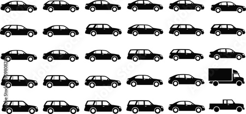 Car silhouette collection set, vehicle side view icons including sedan SUV wagon pickup and delivery truck black vector illustration