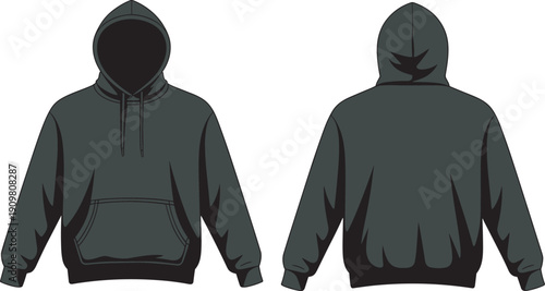 Black silhouette illustration of hooded sweatshirt showing front and back views with drawstring hood, kangaroo pocket, ribbed cuffs, waistband, and garment construction fashion design reference