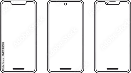 Three modern smartphone front display designs showcasing wide notch, centered hole-punch camera, and advanced multi-cutout sensor layout 