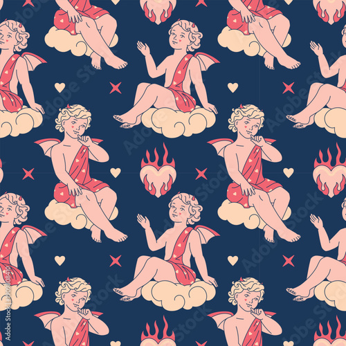 Soft darkness anti-romantic aesthetic seamless pattern with cute evil angels and hearts on a dark background. And romantic rebellion graphic with a vintage twist.
