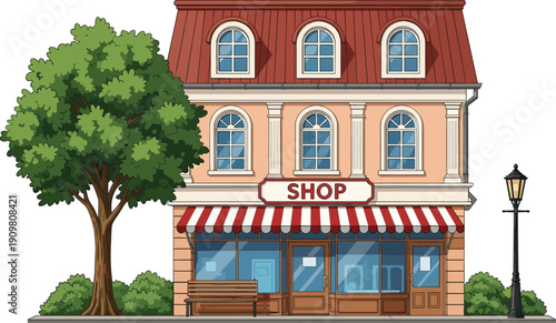 Charming small shop building illustration, local storefront with tree and street lamp, urban retail facade, vector design, isolated on white background