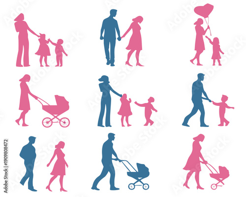 Nine Pink and Blue Silhouette Families Walking With Children and Strollers family