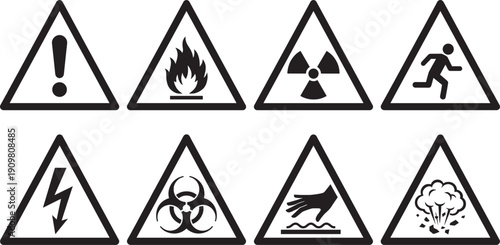 Set of eight triangular hazard warning signs including flammable, radiation, biohazard, corrosive, explosive, electrical, slipping risk, and general danger symbols for workplace safety 