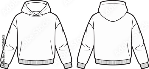 Technical flat sketch illustration of hooded sweatshirt showing front and back views with drawstring hood, ribbed cuffs, waistband, seam details, and garment construction design