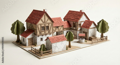 Medieval village paper model on white background