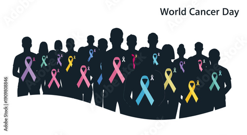 World Cancer Day illustration with diverse group of people silhouettes and colorful awareness ribbons.