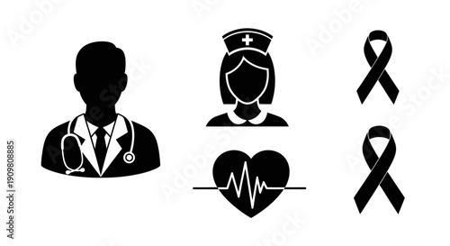 Medical icons set with doctor, nurse, heart with pulse, and awareness ribbons, representing healthcare and support.