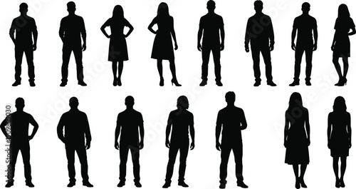 Collection of diverse standing people silhouettes, isolated on white background, representing team, diversity, community, anonymous figures, men and women set
