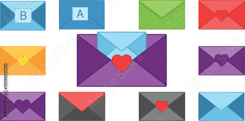 Colorful envelope icons collection, love mail symbols, email message illustration set, communication concept, isolated on white background, vector design, romantic, correspondence