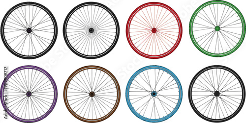 Colorful bicycle wheels collection, cycling wheel set illustration, isolated on white background, vector design, sport equipment, transportation, circular pattern, bike parts