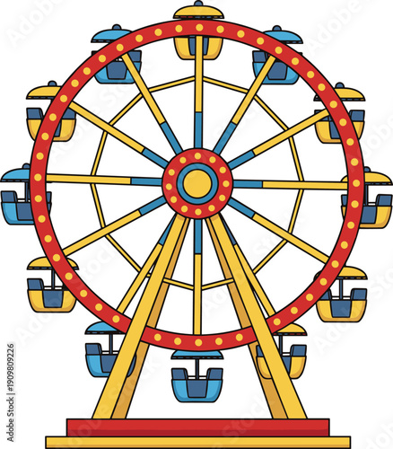 Colorful ferris wheel illustration, amusement park ride vector, carnival attraction, funfair entertainment concept, isolated on white background, leisure, recreation, circular, theme park