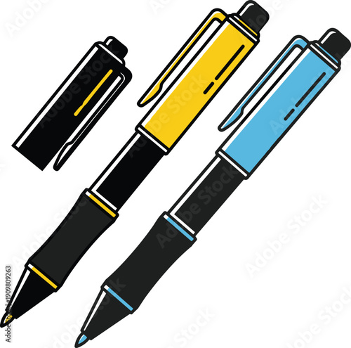 Colorful modern ballpoint pens illustration, isolated on white background, office stationery concept, vector style, minimal design, flat graphic clipart icon