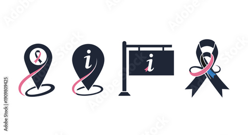 Awareness ribbon and information icons for health campaigns and support services.