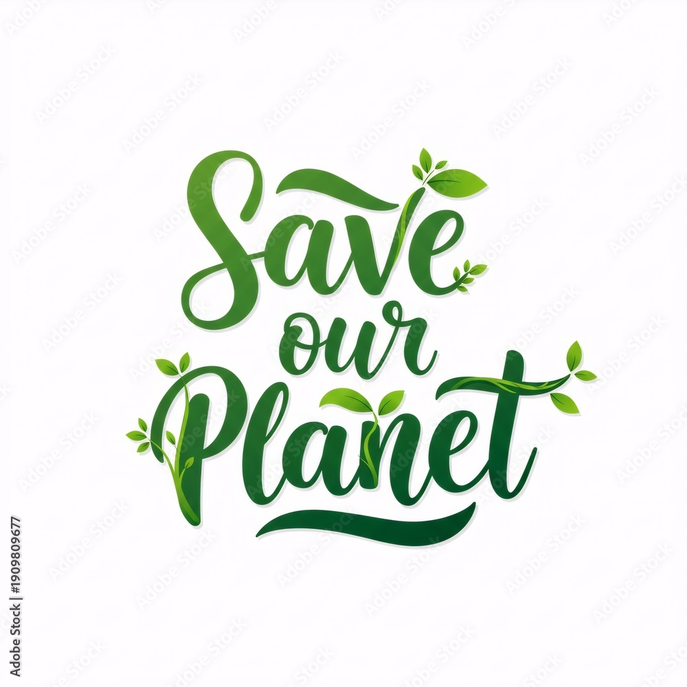 Fototapeta premium Save our planet hand lettering text design with green leaves. Ecology and environmental protection concept for Earth Day or conservation.
