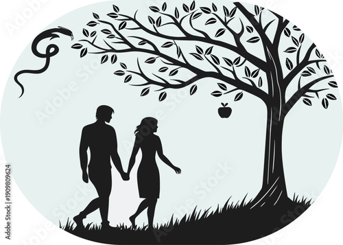 Silhouette couple walking hand in hand under a tree with an apple and snake love relationship