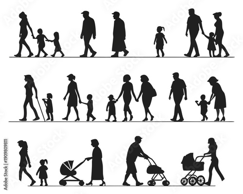 Silhouette families walking with children and strollers on white background Keywords: family, people, parents