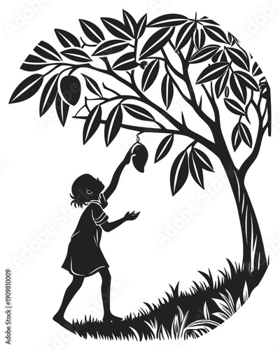 Silhouette of a child picking mangoes from a tree in a circle girl