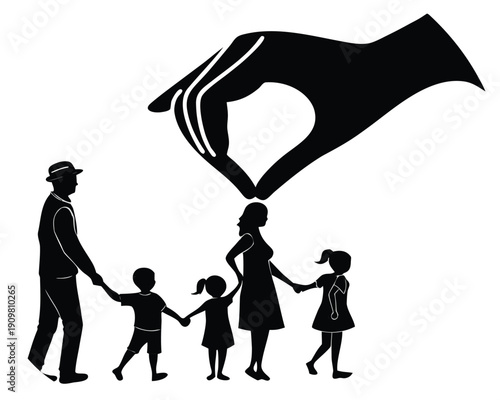 Silhouette of a family being guided by a large hand from above, symbolizing protection guidance safety