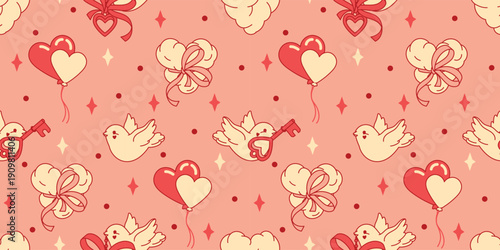 A romantic Valentine's Day seamless pattern with heart-shaped balloons and doves on a pink background. A sweet and festive design for February 14th.
