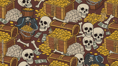 Seamless pattern features pirate treasure chests, gold coins, human skulls, and pirate hats for an adventure theme.