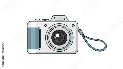 Digital compact camera with a lens and strap is shown in a clean vector illustration style against a white background.