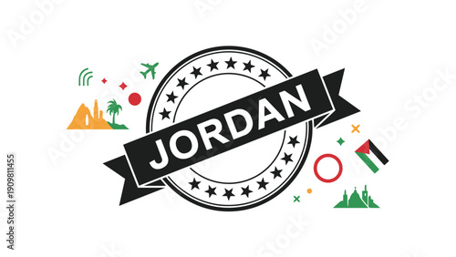 Jordan travel badge featuring cultural icons like palm trees and the flag is set in a round black circular frame.