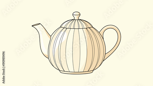 Elegant off white teapot with vertical ribbed texture and a curved handle is presented in a classic vector art style.