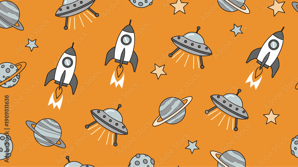 Obraz premium Seamless pattern featuring space rockets ufo crafts planets and stars on an orange background for a fun cosmic theme.