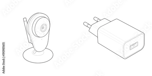 Security camera and AC/DC power adapter schematic technical drawing set.